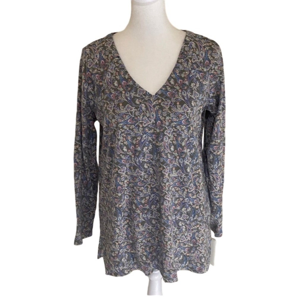 J. Jill Olive Green Floral Paisley V-Neck Long Sleeve Top. Size S. 100% Cotton.
